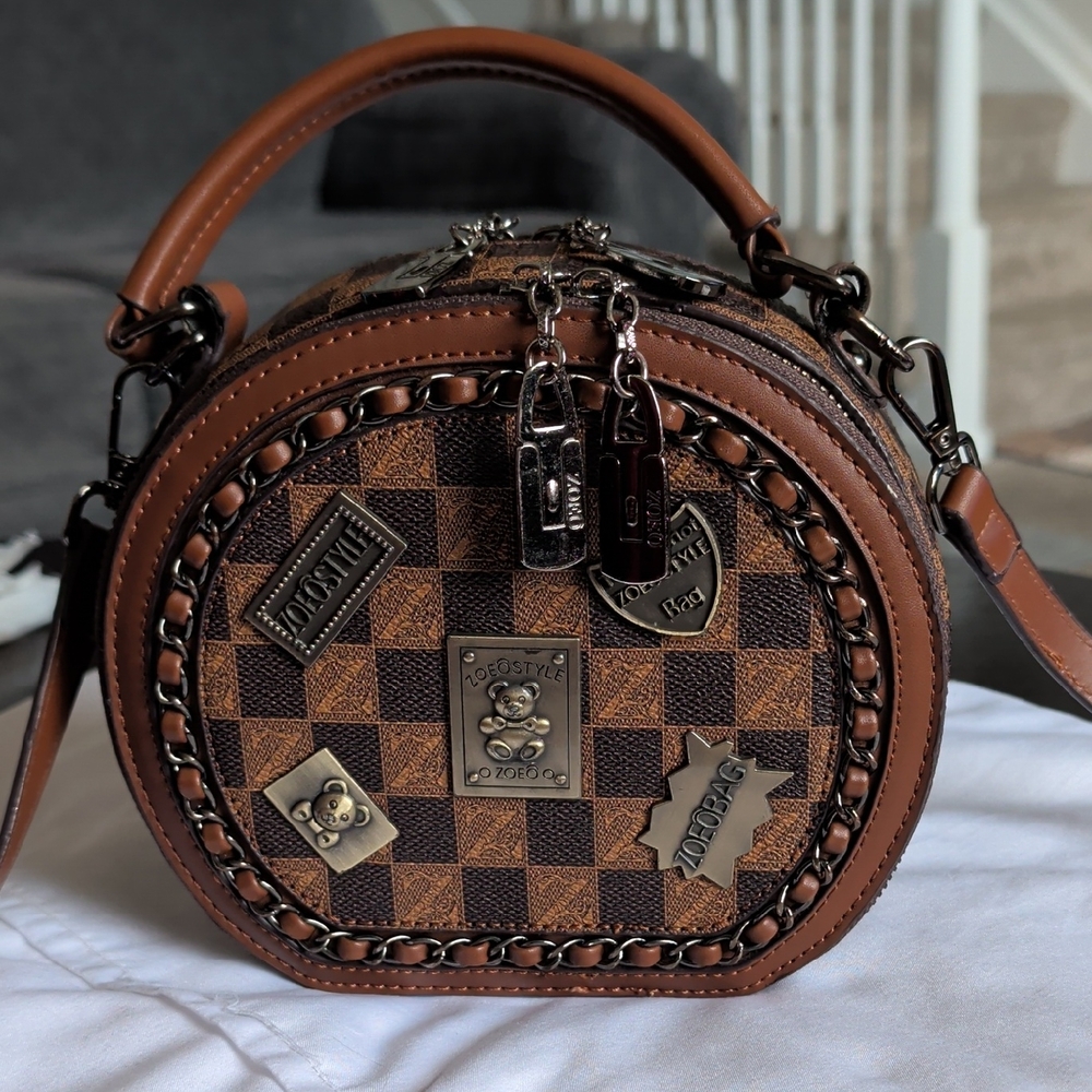 Brown Checkered Round Mini Crossbody Bag with Chain Trim